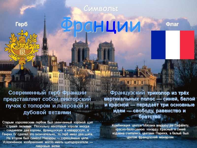 Символы  Франции Герб Современный герб Франции представляет собой ликторский пучок с топором и